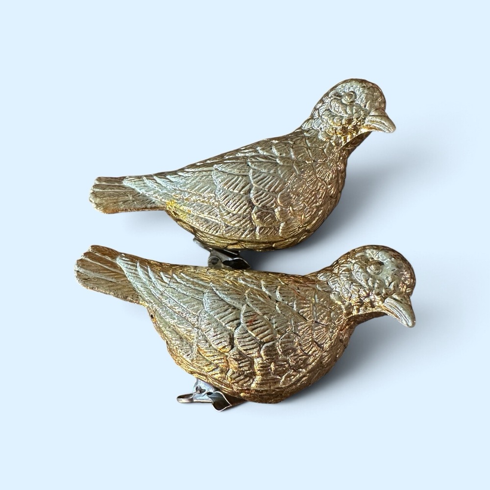 Vintage Gold Tone Quail Bird Clip-On Christmas Ornaments Pair 3 Inch